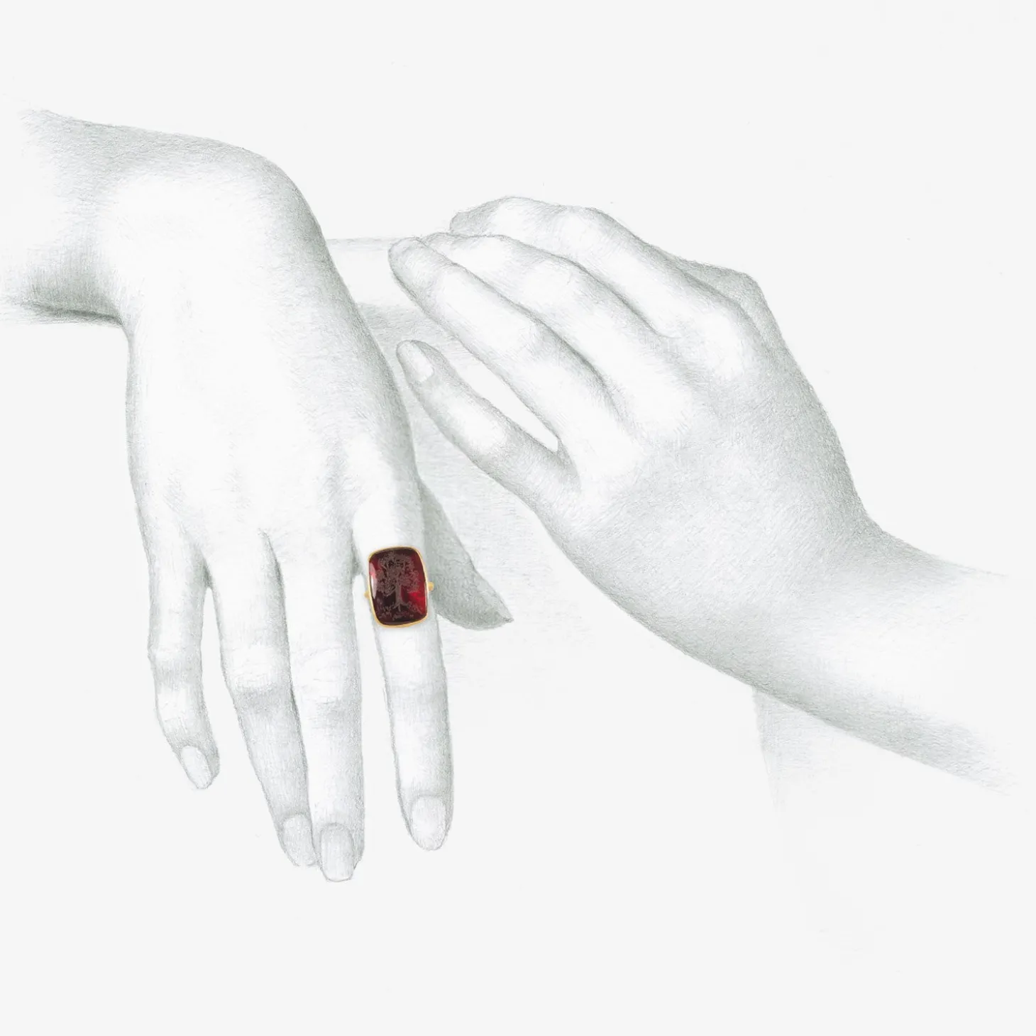 18k & almandine garnet tree intaglio ring