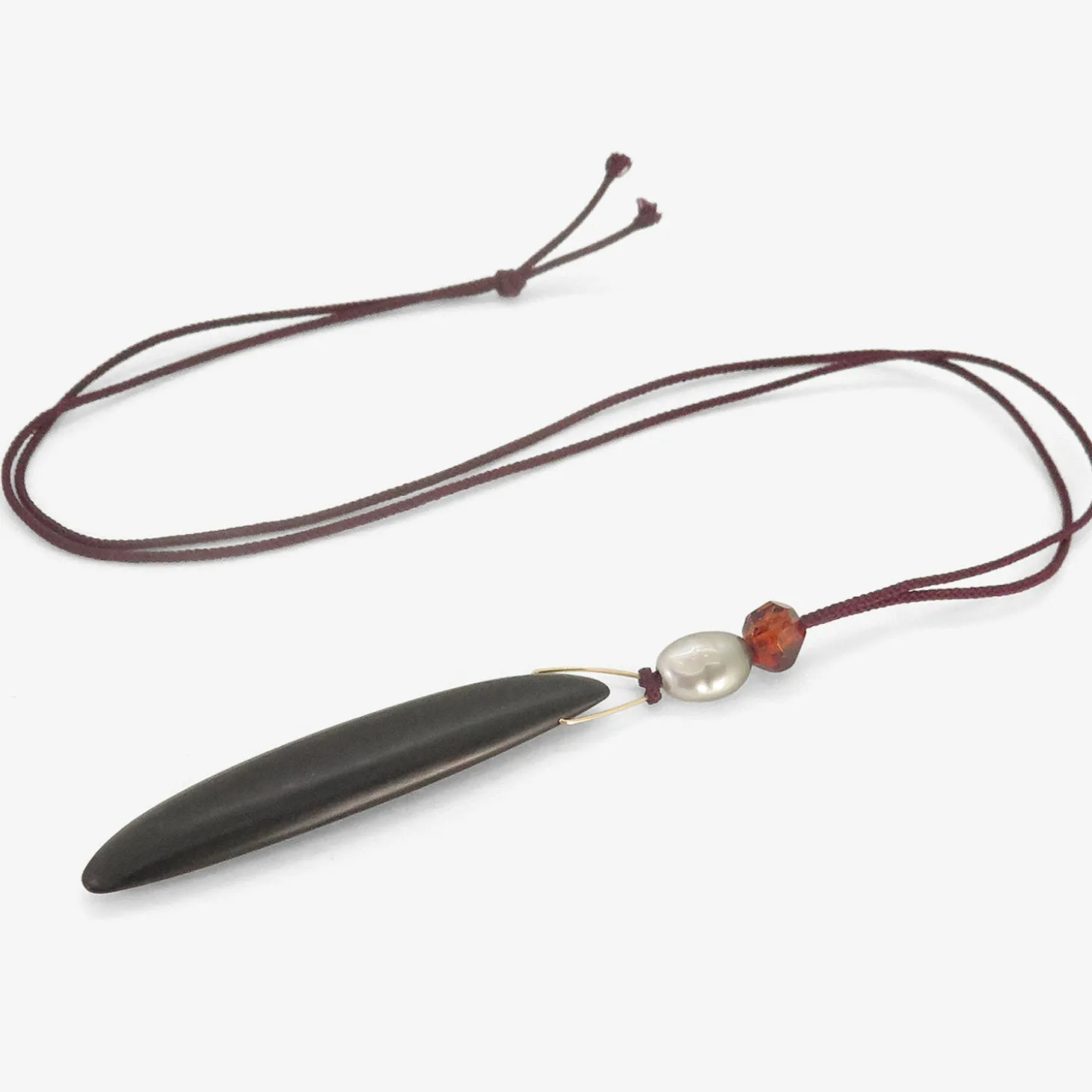 14k & black jade bean pendant with keshi pearl & amber on silk cord