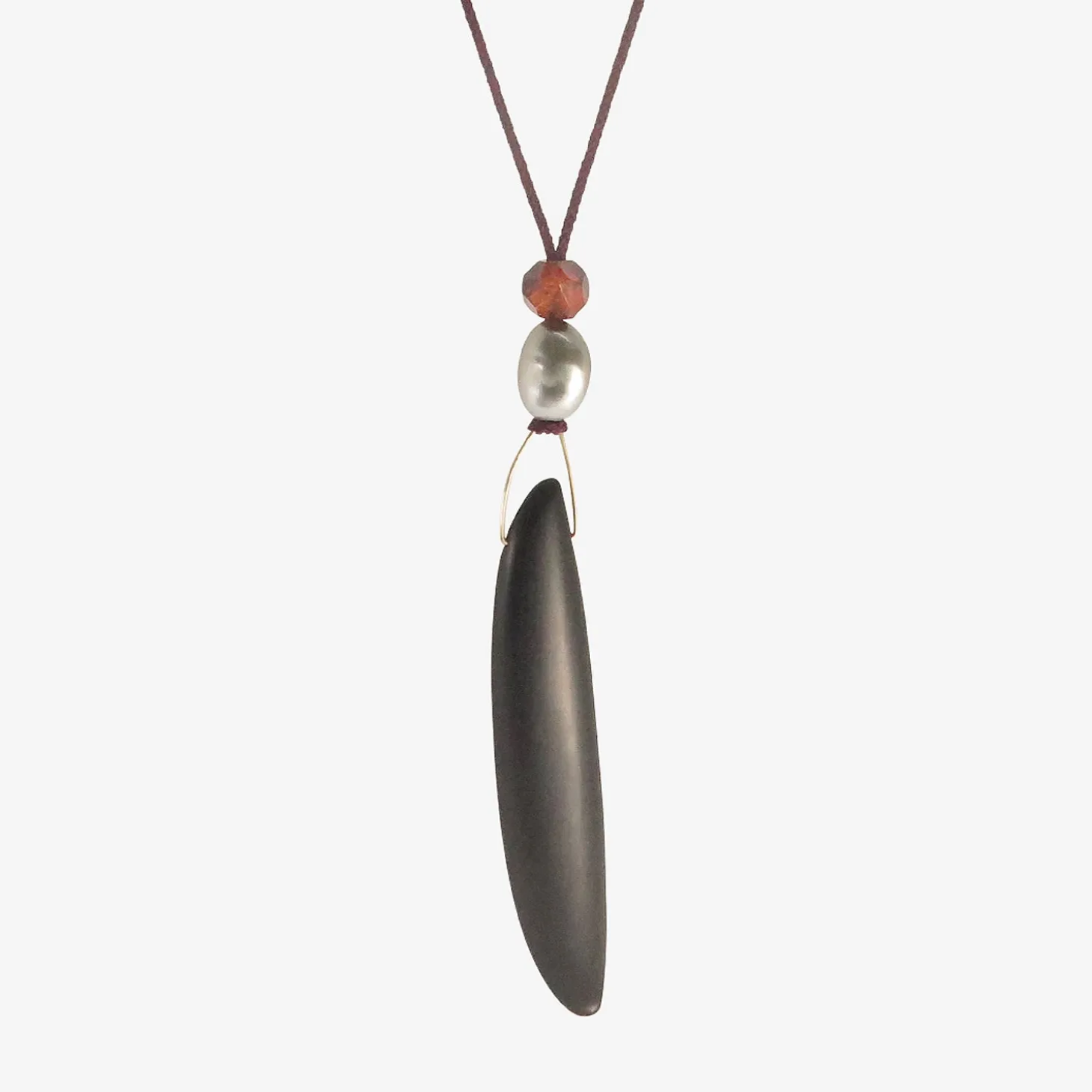 14k & black jade bean pendant with keshi pearl & amber on silk cord