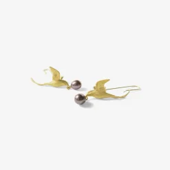 18k & black pearl flying bird earrings