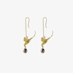 18k & black pearl flying bird earrings