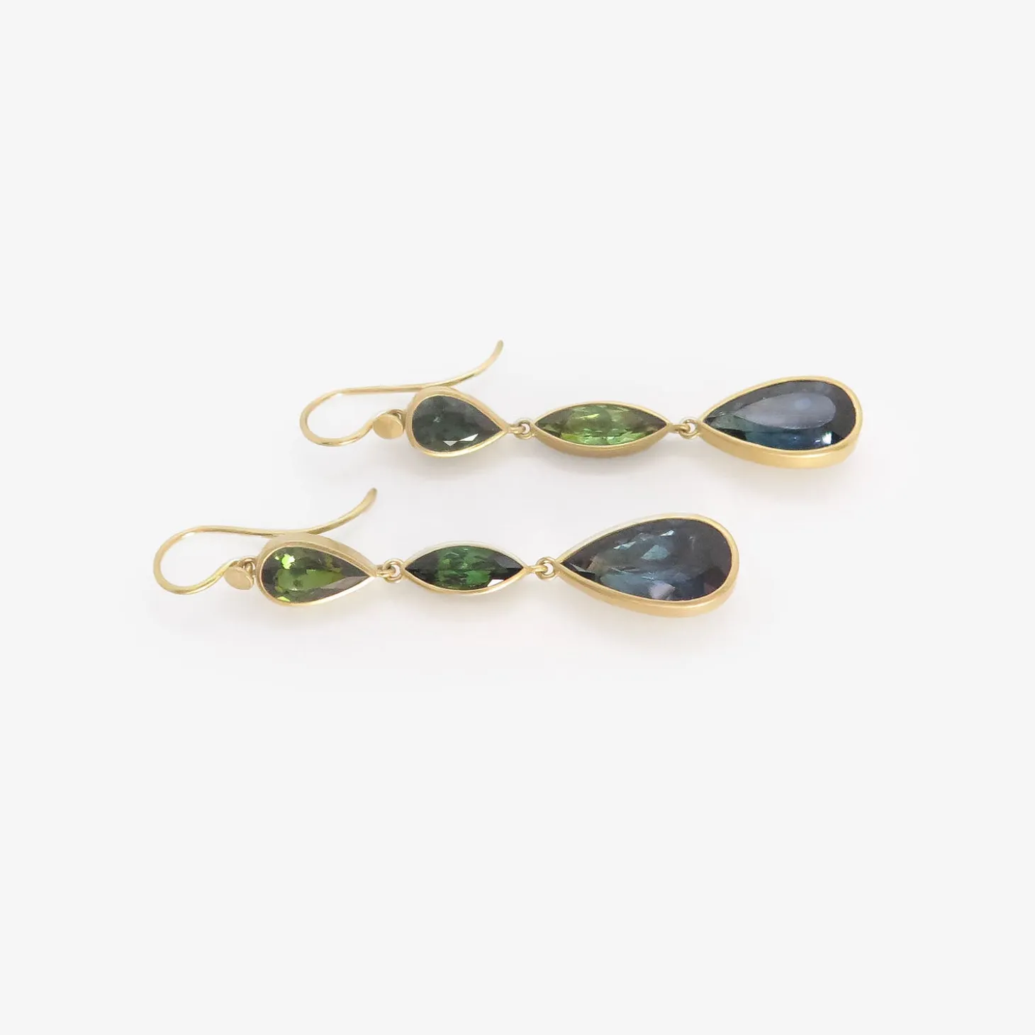18k & blue green tourmaline triple drop earrings, 11.15ct