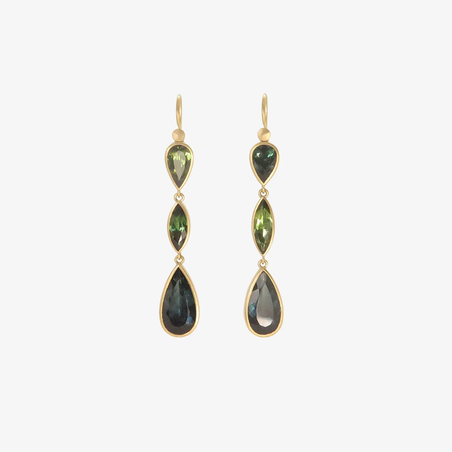 18k & blue green tourmaline triple drop earrings, 11.15ct