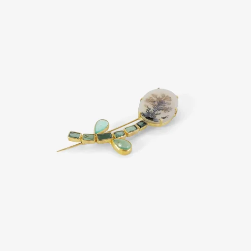 18k & dendritic agate mineral life flowery pin with tourmaline