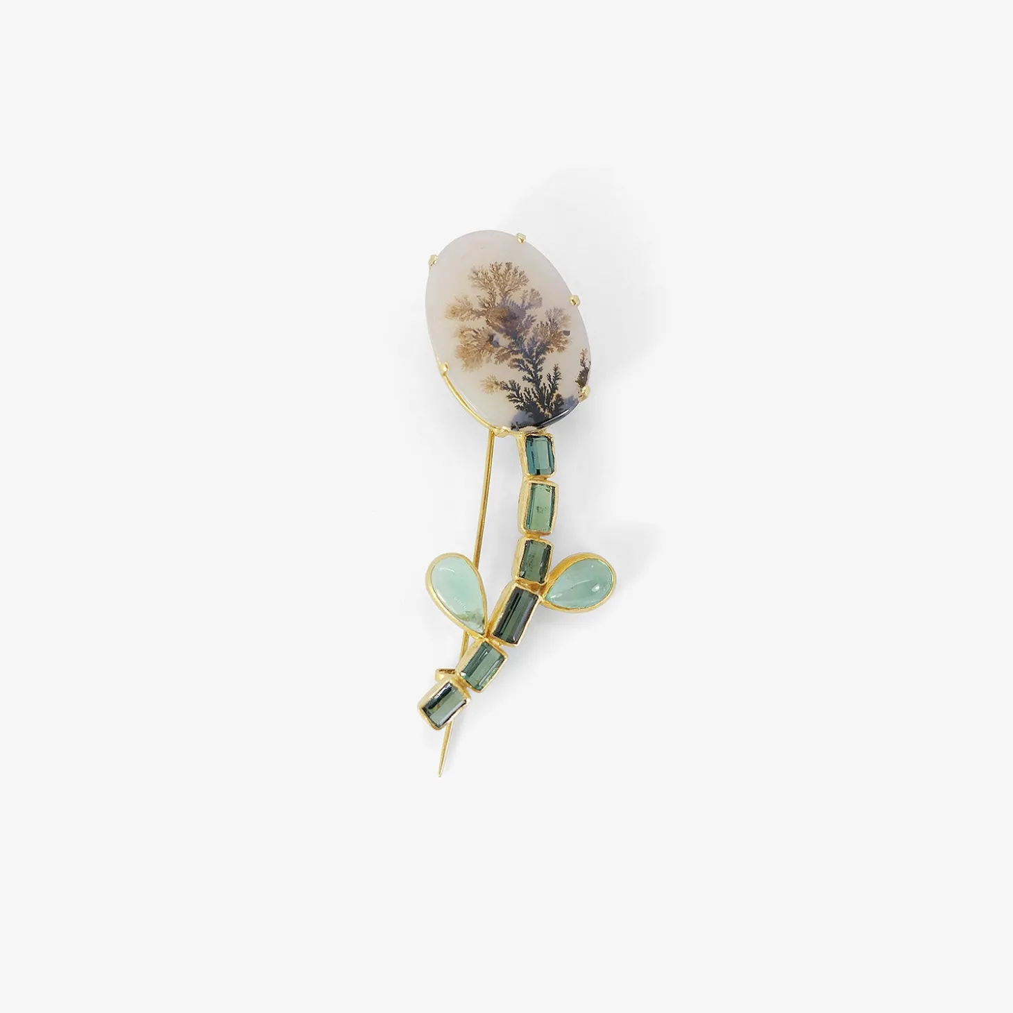 18k & dendritic agate mineral life flowery pin with tourmaline
