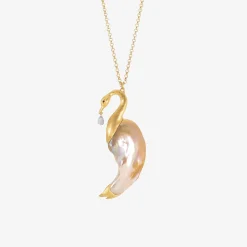 18k & freshwater pearl swan pendant with blue sapphire briolette
