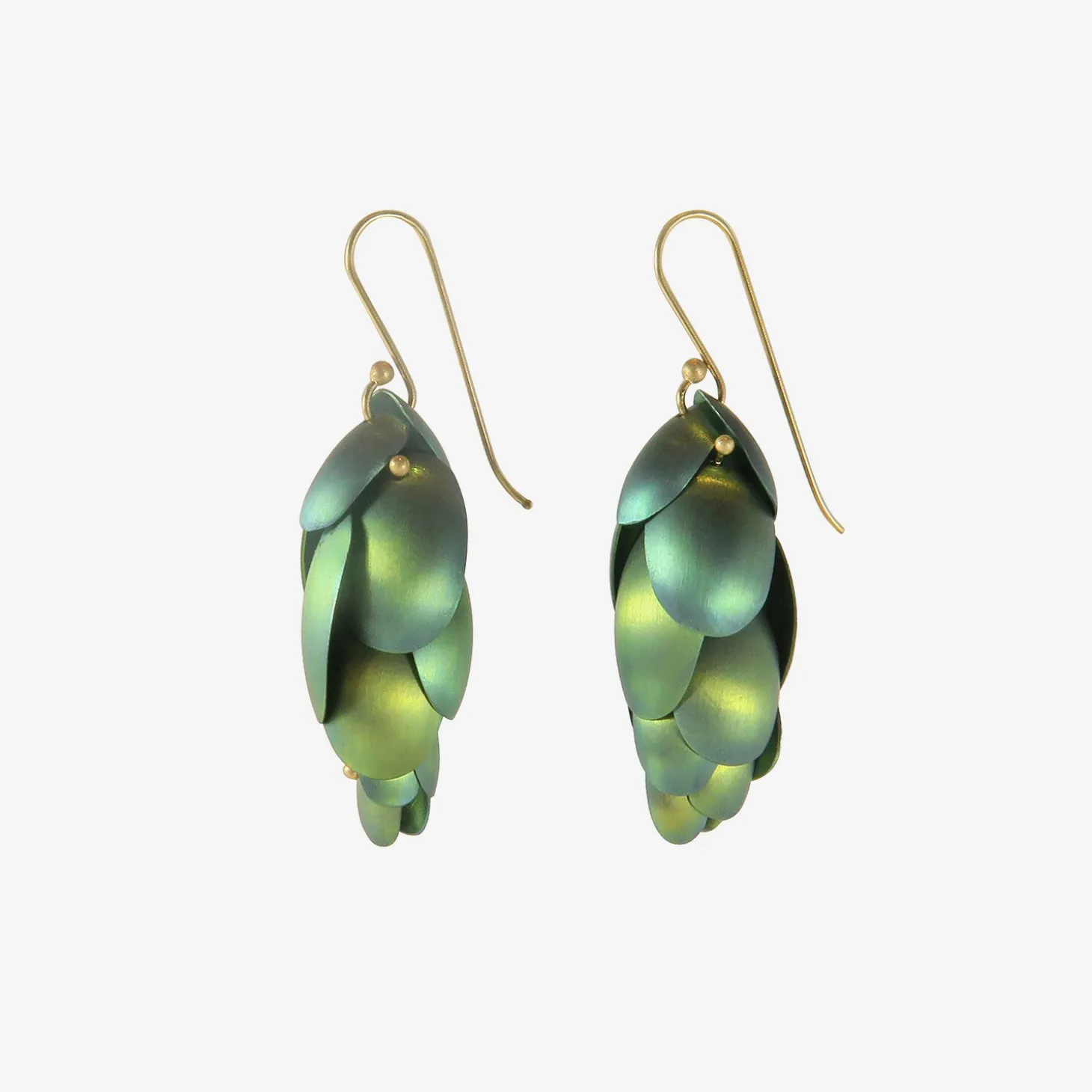 14k & green niobium small articulated pinecone earrings