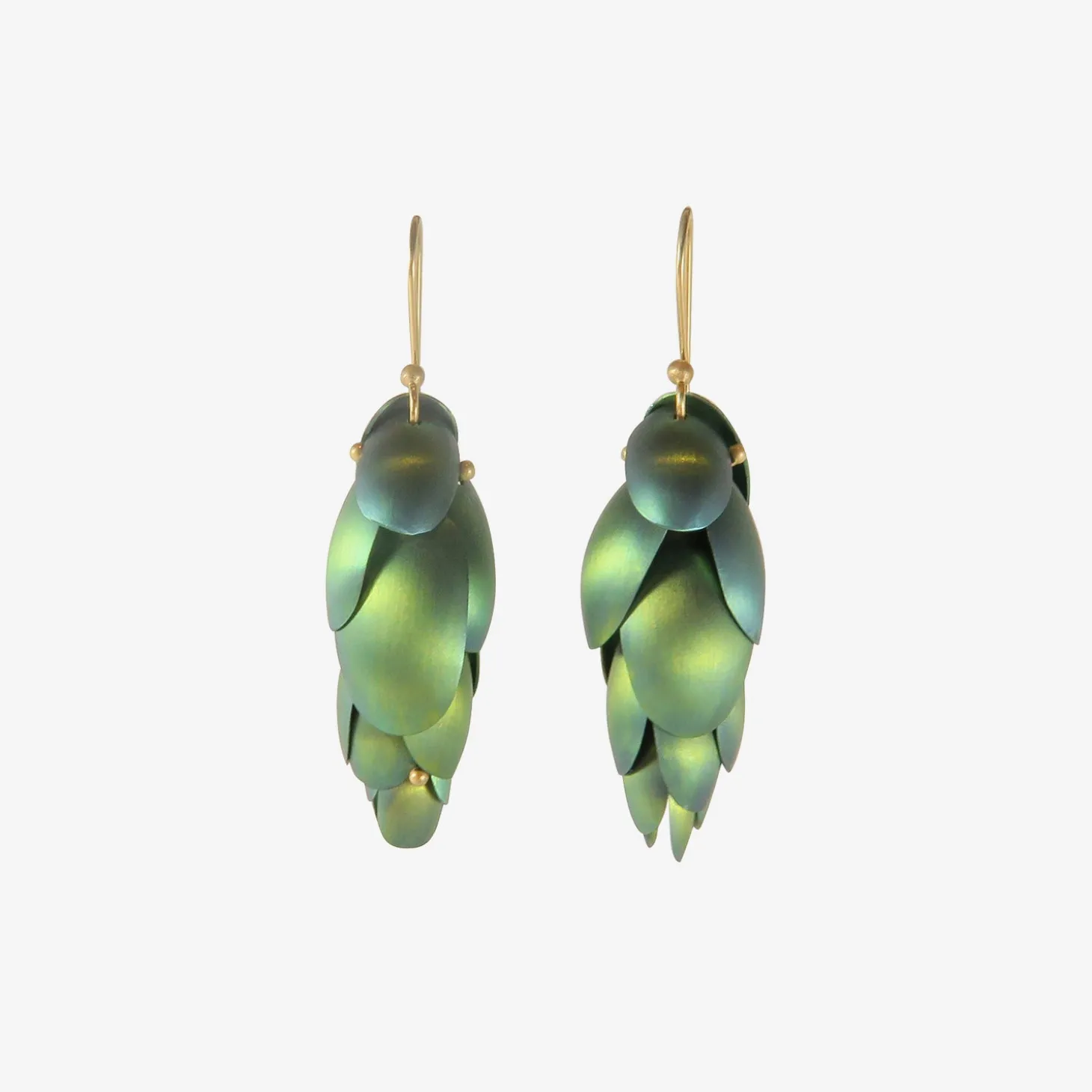 14k & green niobium small articulated pinecone earrings