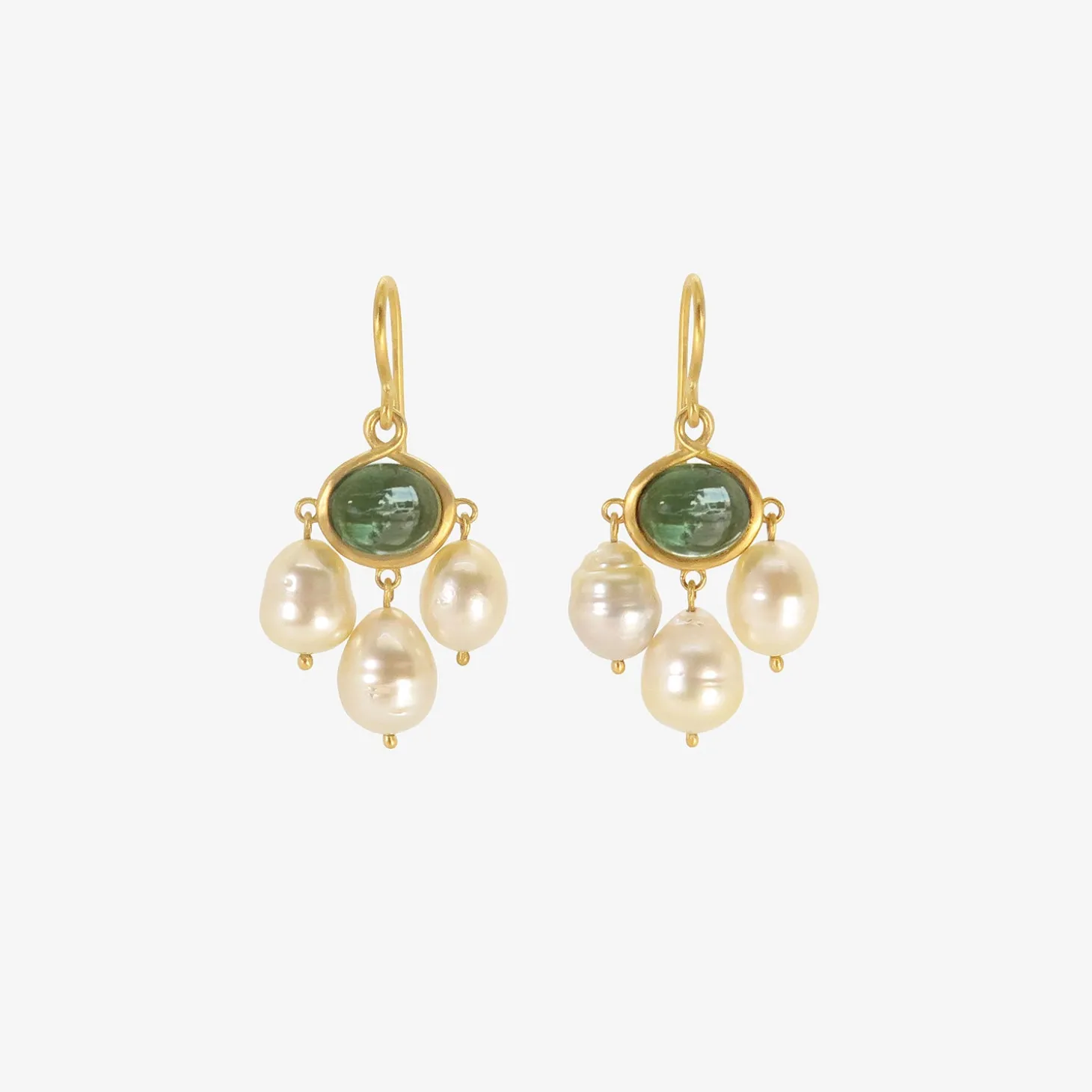 22k & green tourmaline unda earrings with golden south sea pearls
