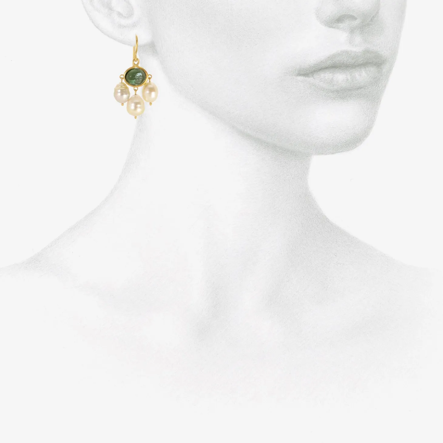22k & green tourmaline unda earrings with golden south sea pearls