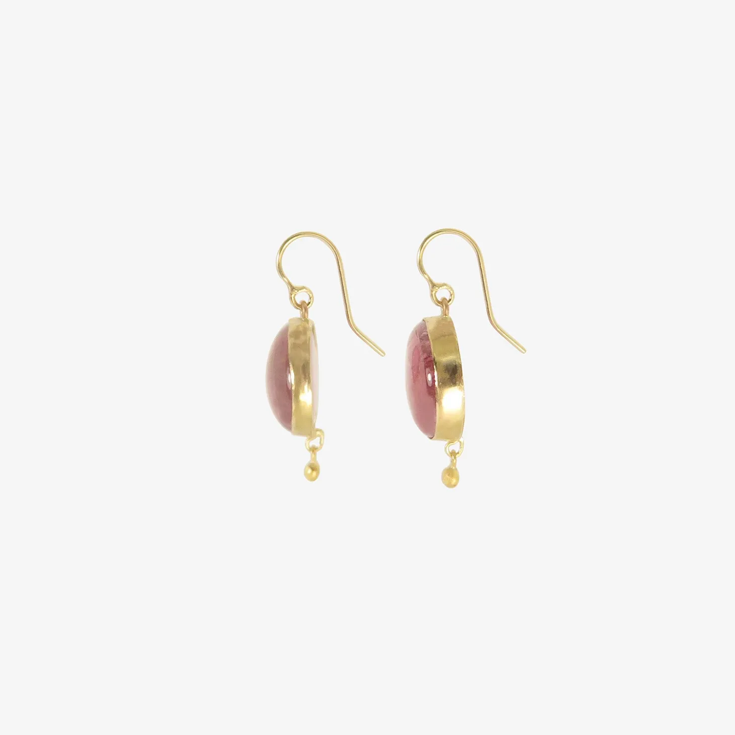 18k & large pink tourmaline cabochon simple drop earrings with 22k details, 43.41ct