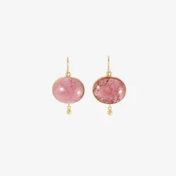 18k & large pink tourmaline cabochon simple drop earrings with 22k details, 43.41ct