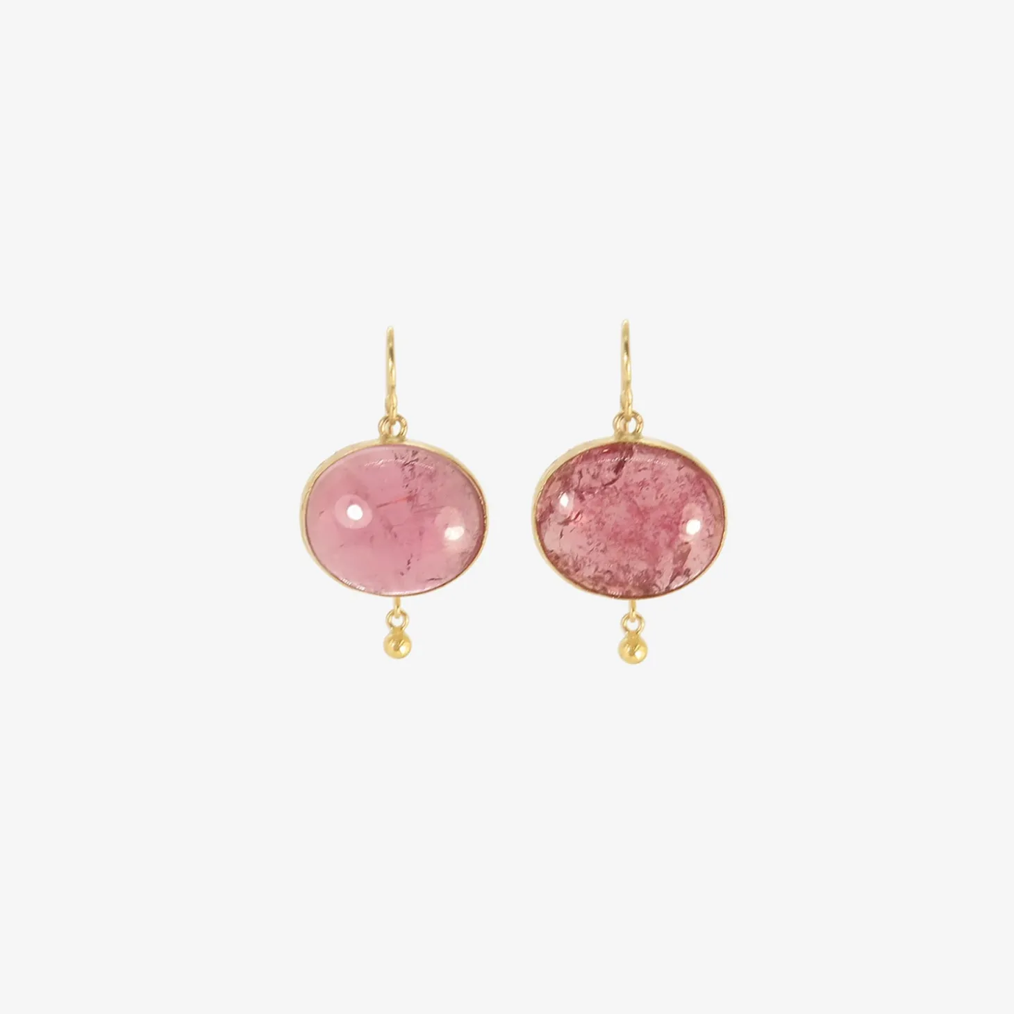 18k & large pink tourmaline cabochon simple drop earrings with 22k details, 43.41ct