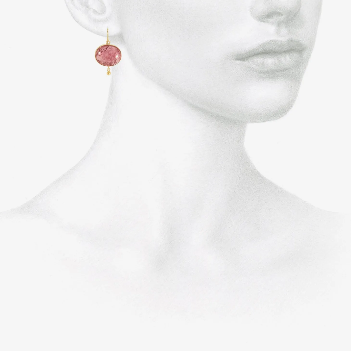 18k & large pink tourmaline cabochon simple drop earrings with 22k details, 43.41ct