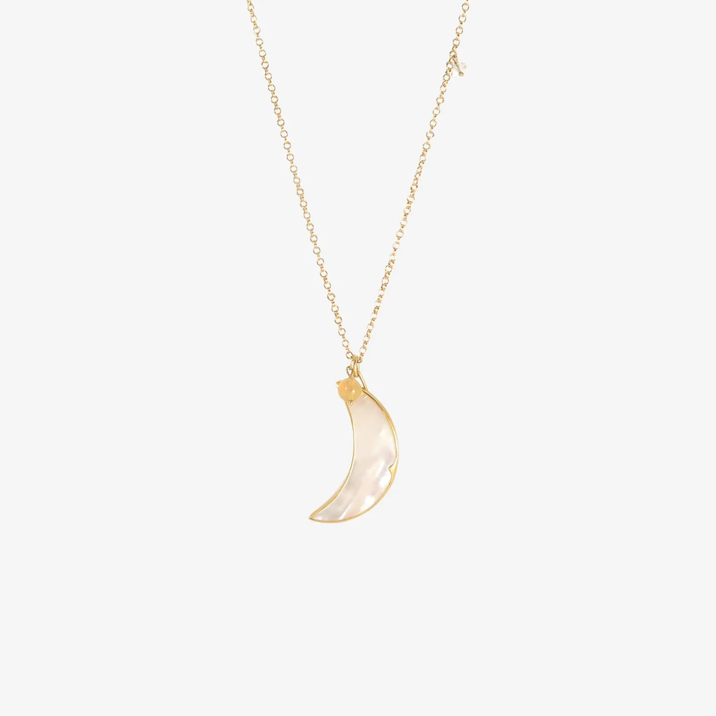22k & mother-of-pearl crescent moon pendant with opal and herkimer diamond