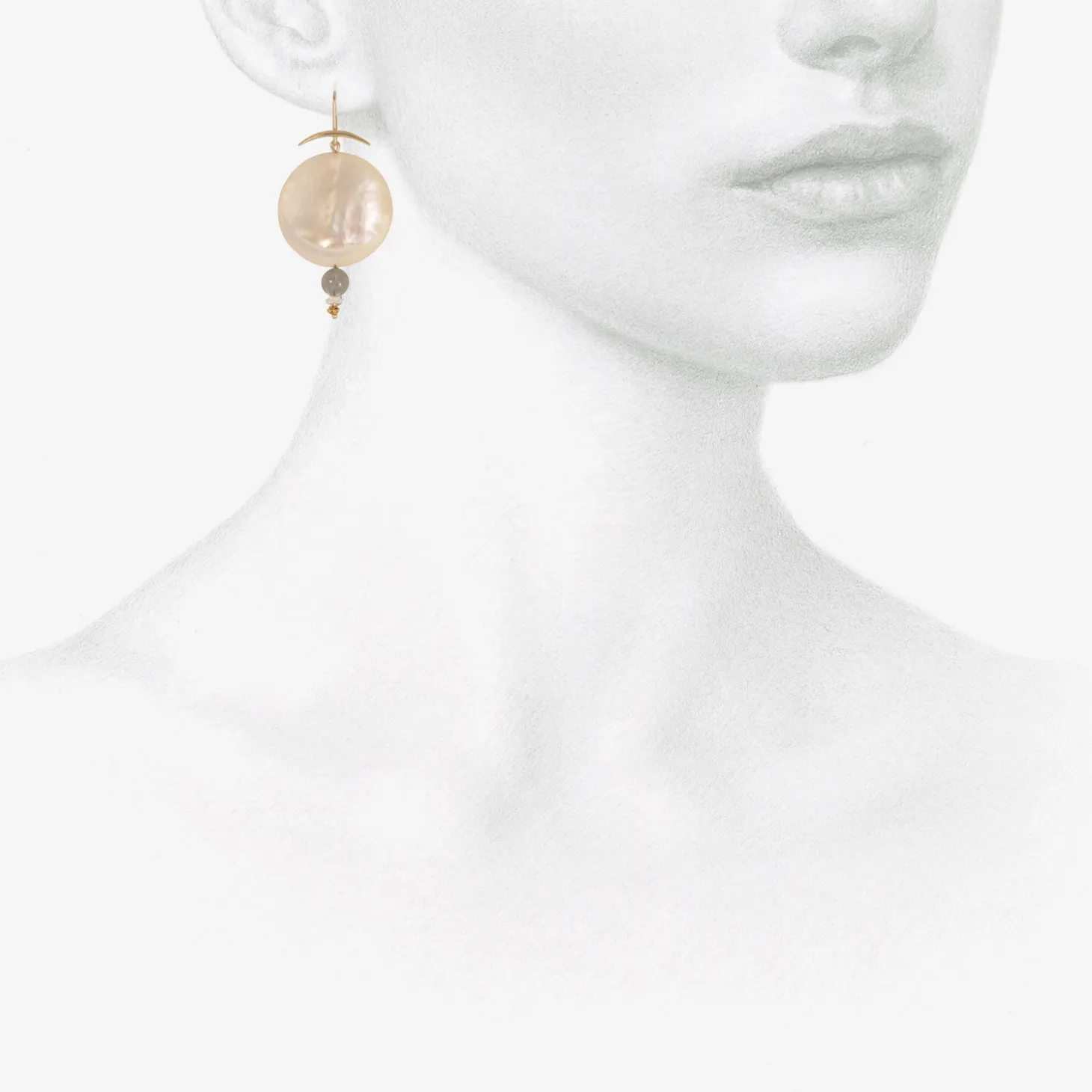 18k & mother-of-pearl full moon earrings with labradorite & herkimer diamonds