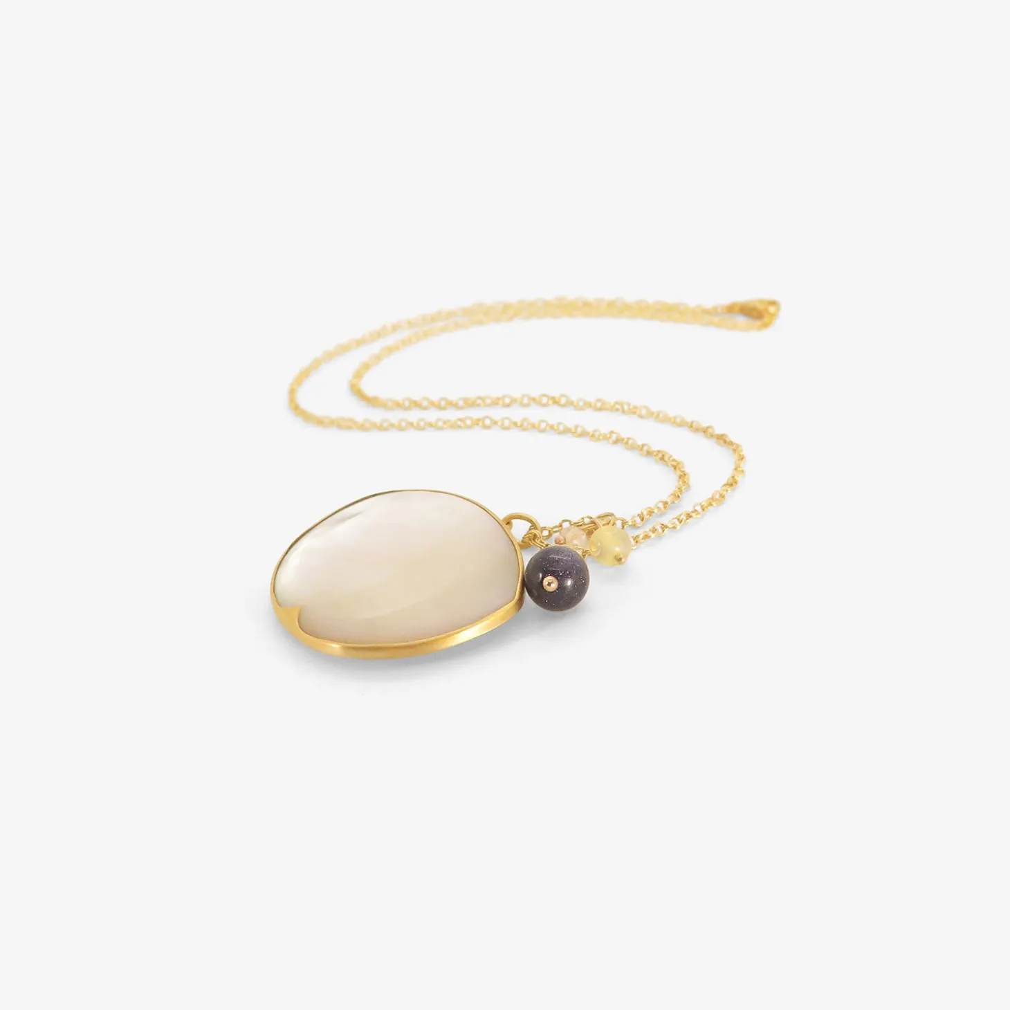 18k & mother-of-pearl waxing moon pendant with opal, herkimer, and goldstone