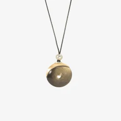 14k & obsidian moon pendant on black silk cord with grey pearl