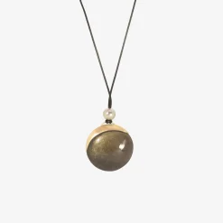 14k & obsidian moon pendant on black silk cord with grey pearl