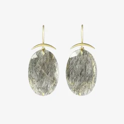 18k & oval cloudy black rutilated quartz earrings