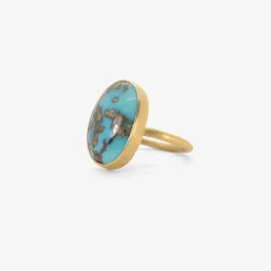 18k & oval persian turquoise with pyrite ring, 7.6ct