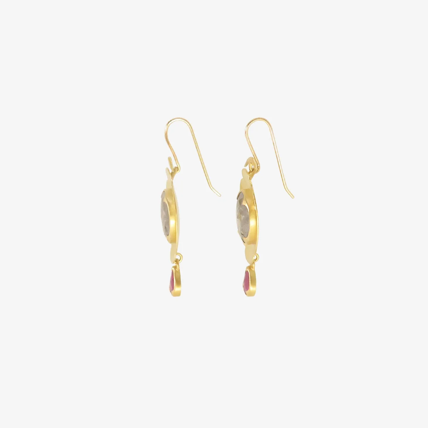 18k & oval rose-cut diamond scallop earrings with ruby drops