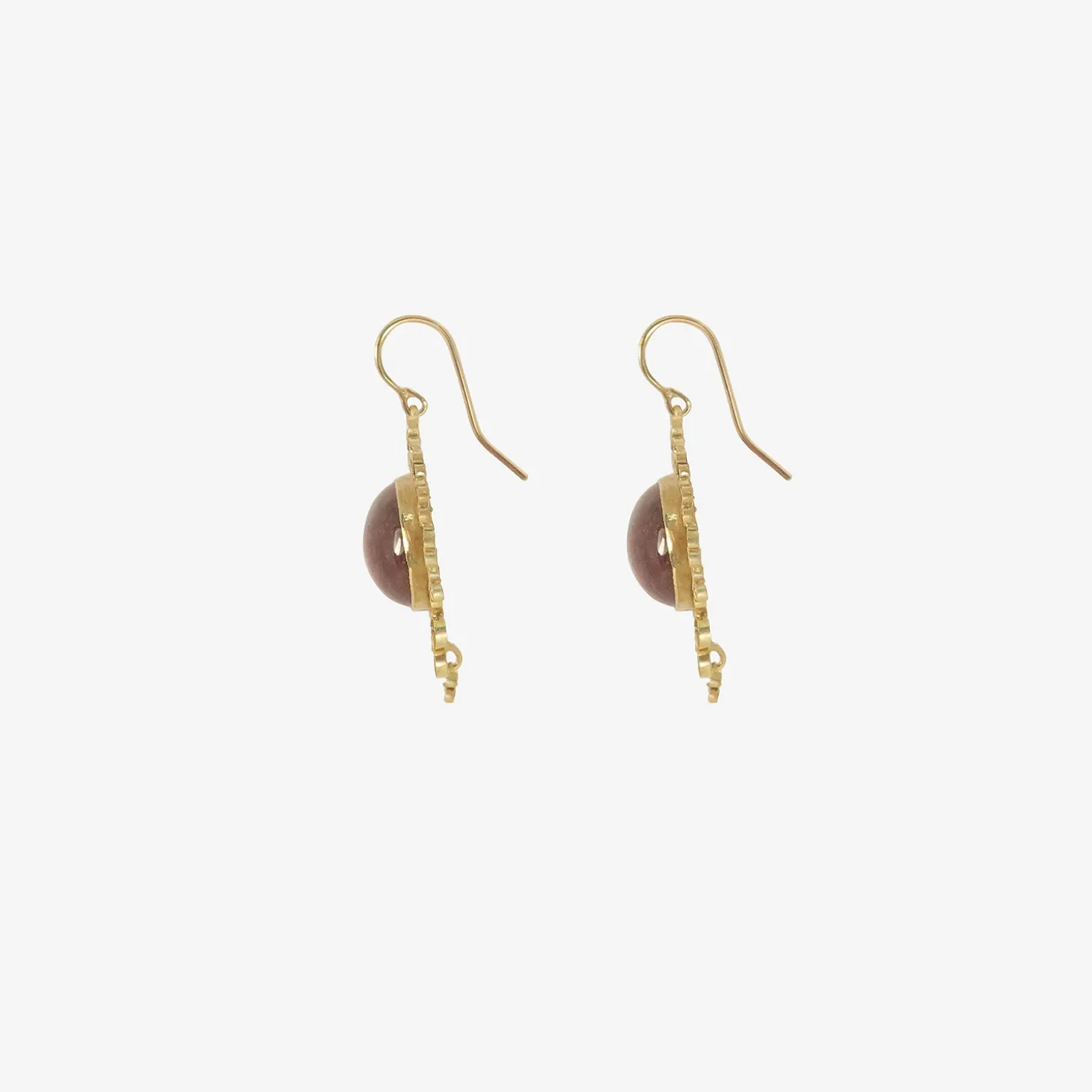 18k & pink tourmaline cabochon earrings with flowery filigree