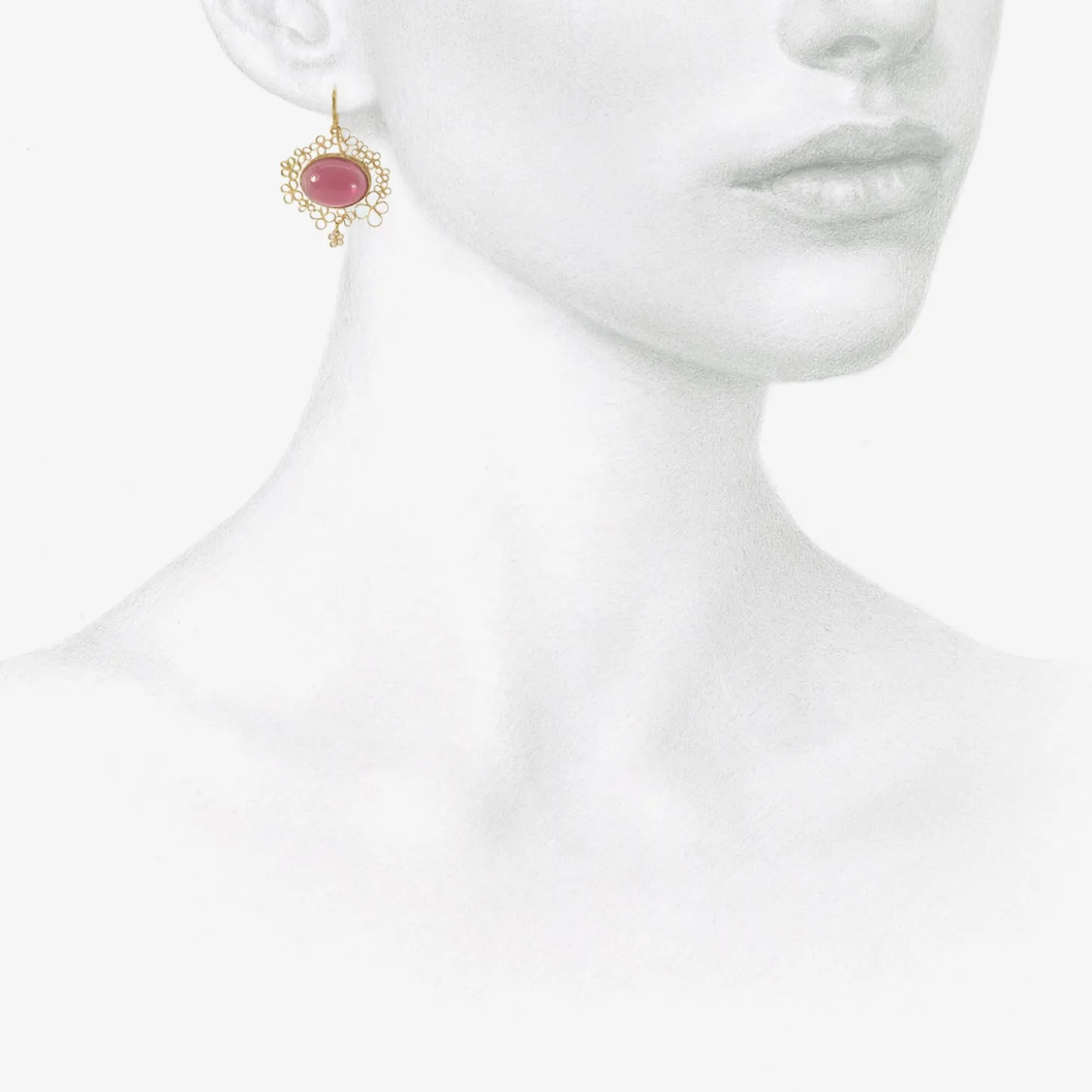 18k & pink tourmaline cabochon earrings with flowery filigree