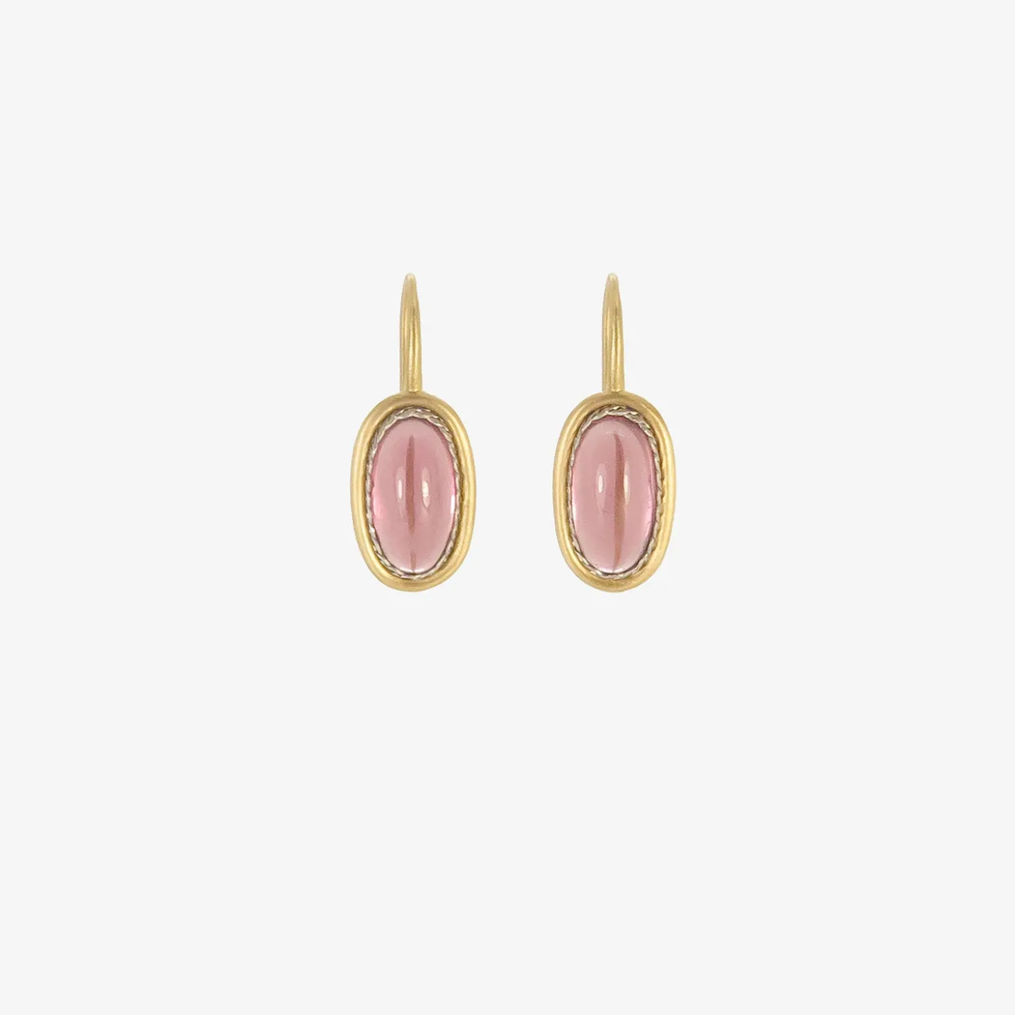 18k & platinum long oval pink tourmaline cabochon earrings