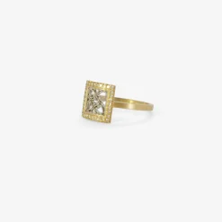 18k & platinum small square damask ring with white pavé diamonds