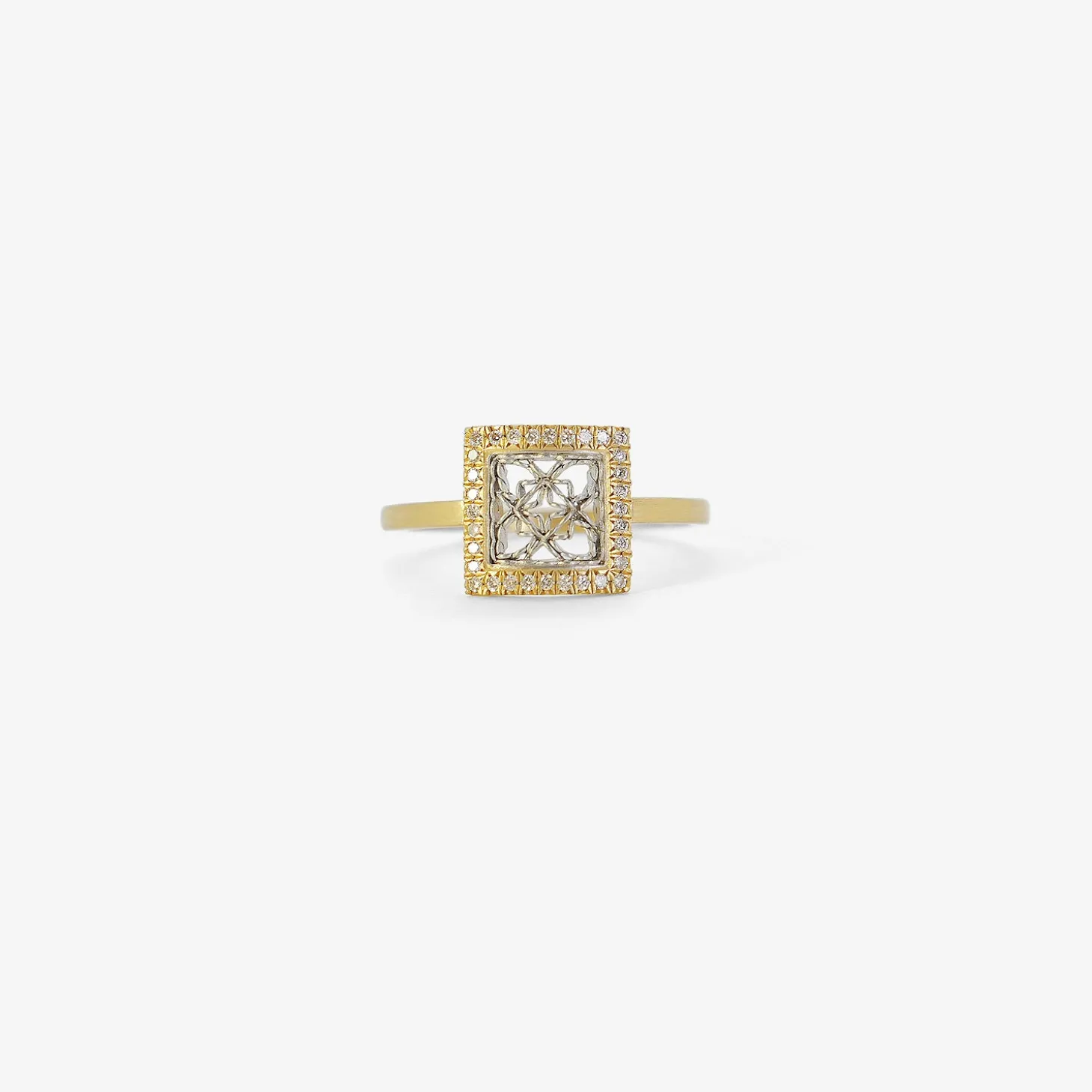 18k & platinum small square damask ring with white pavé diamonds