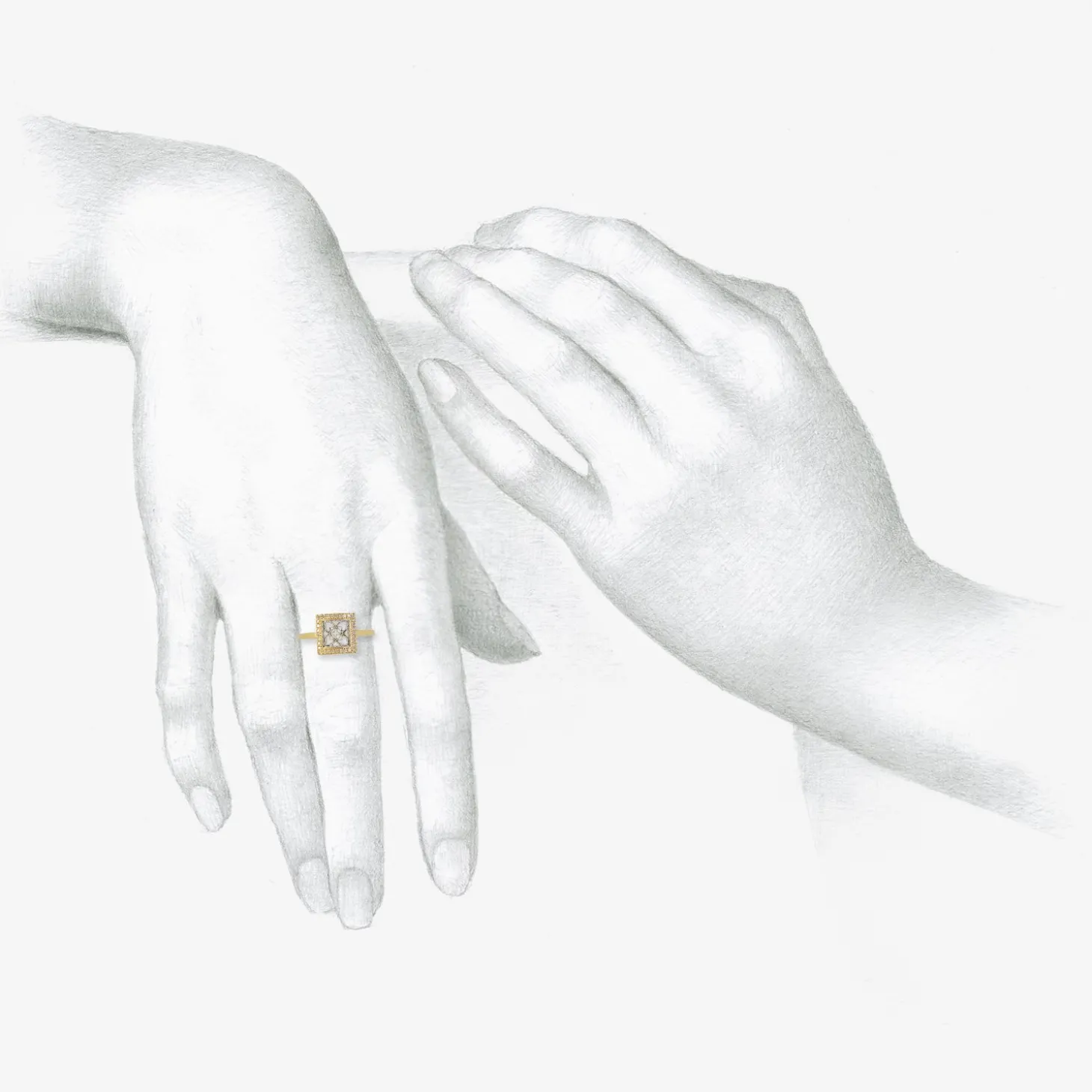18k & platinum small square damask ring with white pavé diamonds