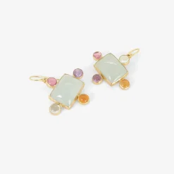 18k & rectangular cabochon aquamarine earrings surrounded by gemstones