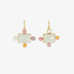 18k & rectangular cabochon aquamarine earrings surrounded by gemstones