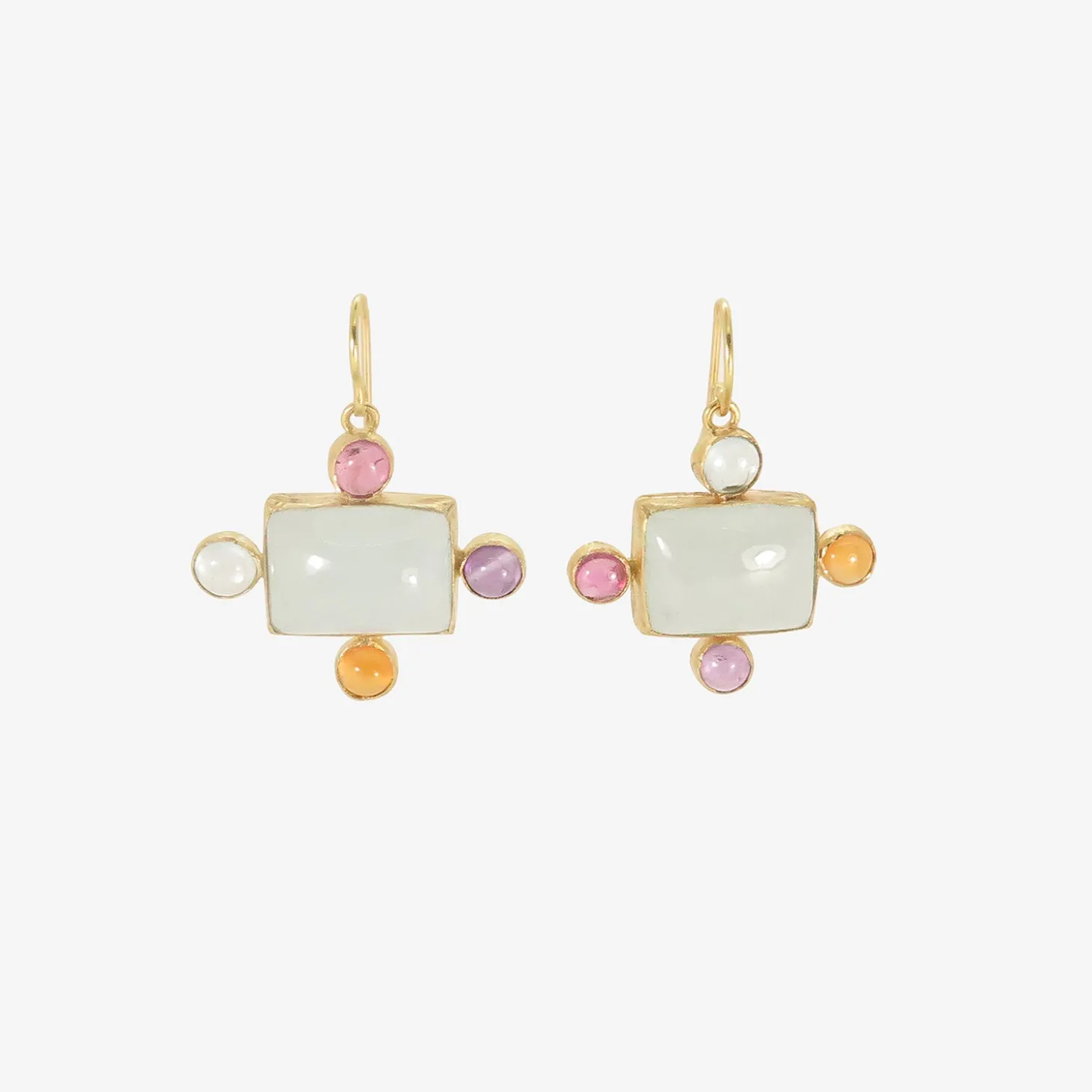 18k & rectangular cabochon aquamarine earrings surrounded by gemstones