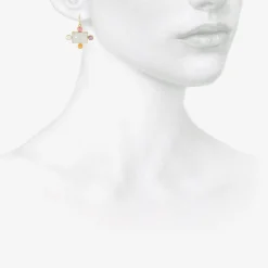 18k & rectangular cabochon aquamarine earrings surrounded by gemstones