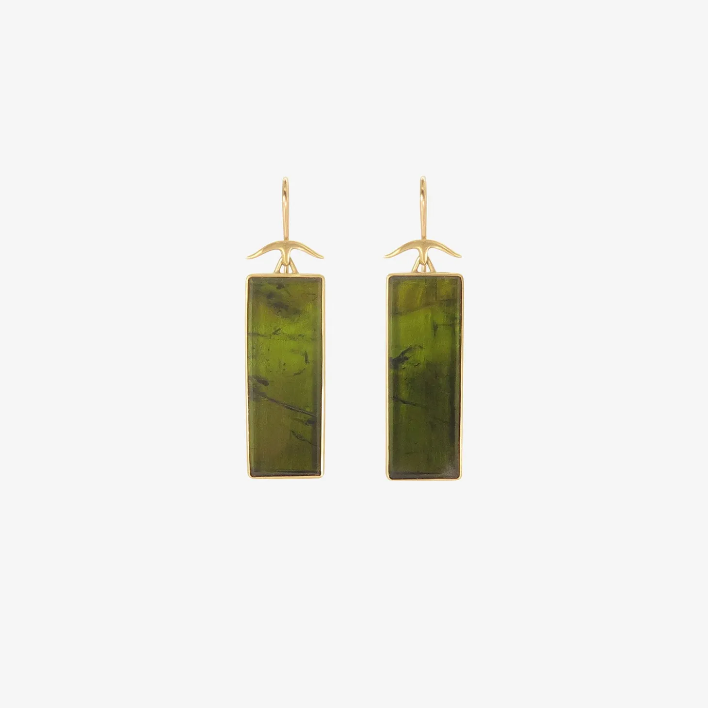 18k & rectangular dark green tourmaline earrings
