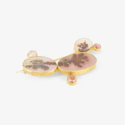 18k & red dendritic agate exquisite corpse pin #4 with pink tourmaline & mother-of-pearl