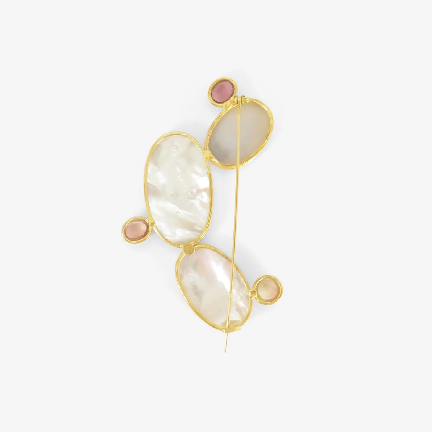 18k & red dendritic agate exquisite corpse pin #4 with pink tourmaline & mother-of-pearl