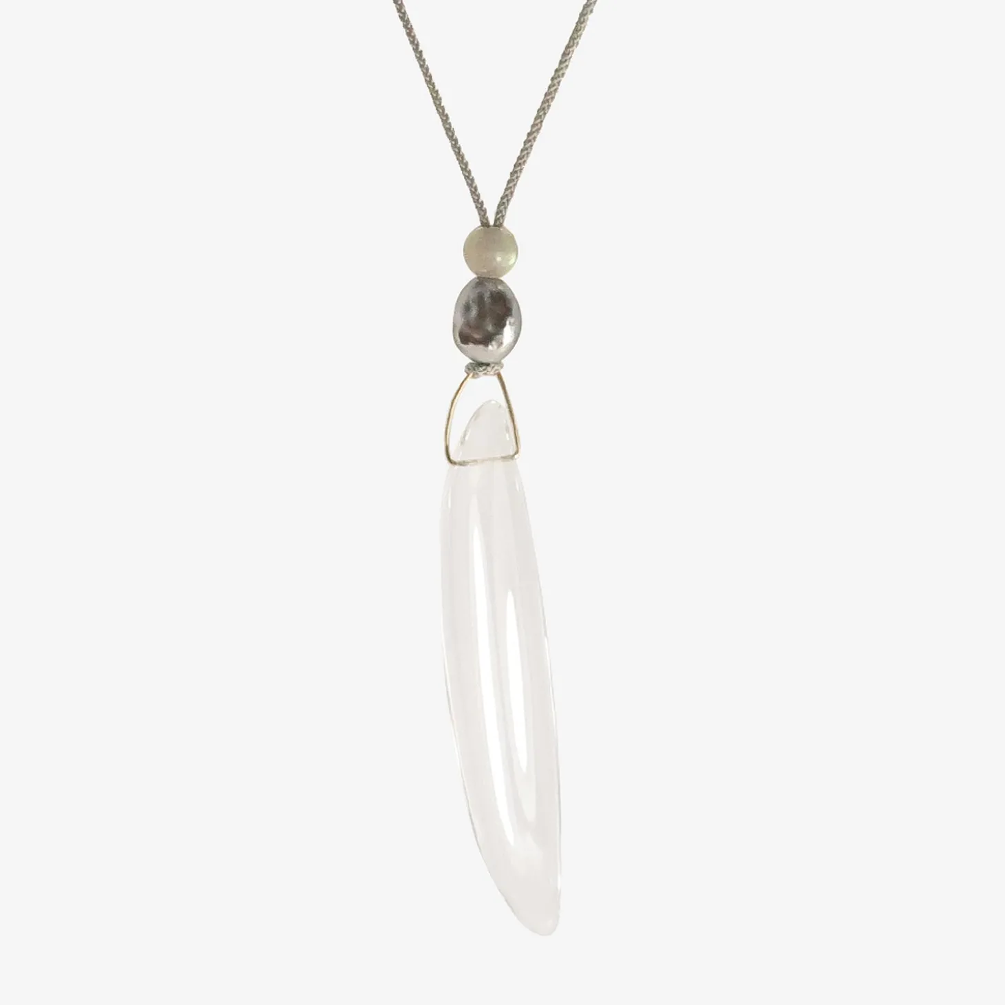 14k & rock crystal bean pendant with keshi pearl & labradorite on silk cord