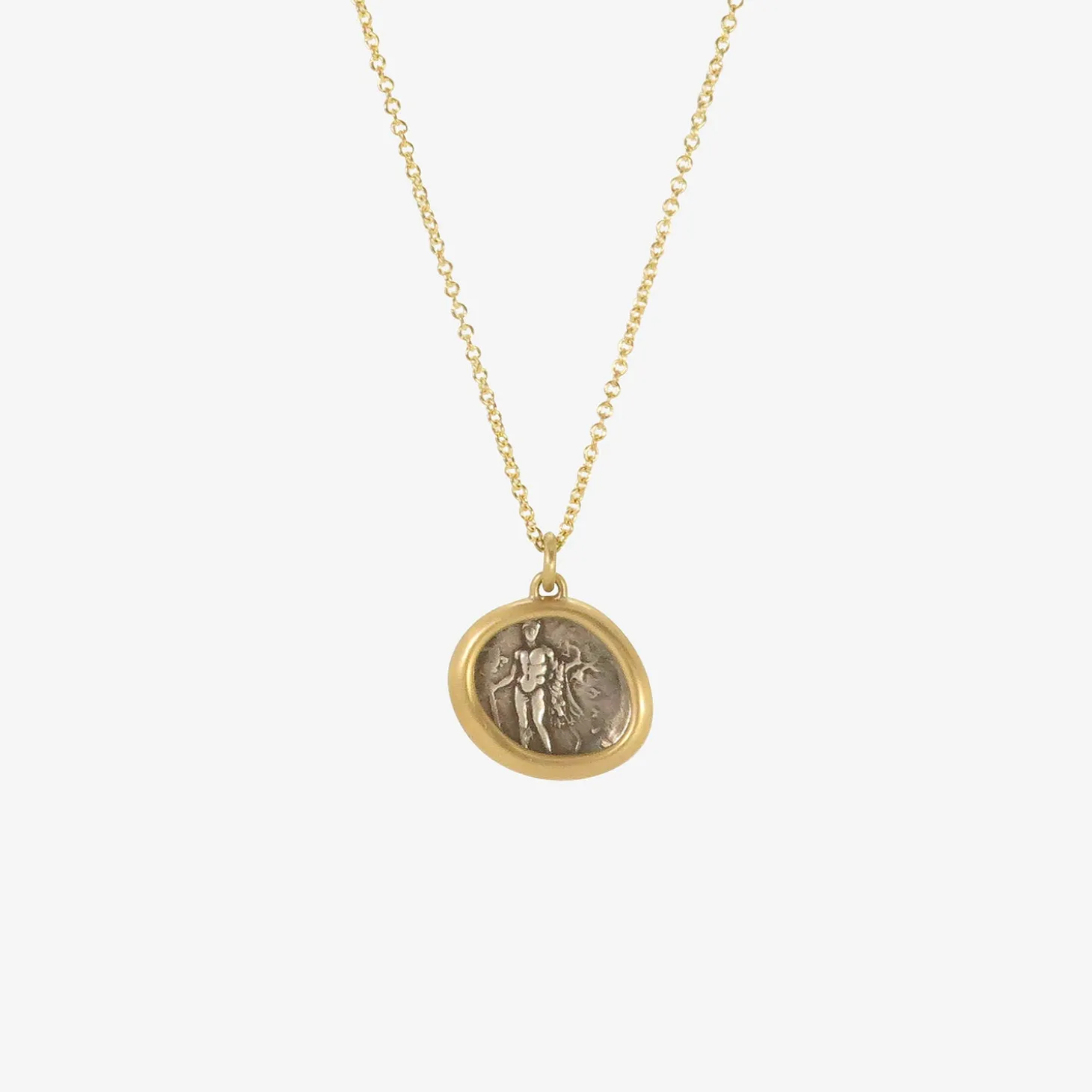 18k & silver ancient greek coin pendant with hercules / athena, 380-281 bc