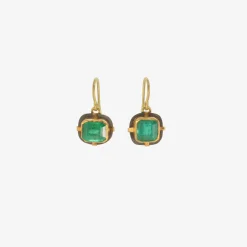 24k & silver bezel set square deep green emerald earrings, 3.85ct