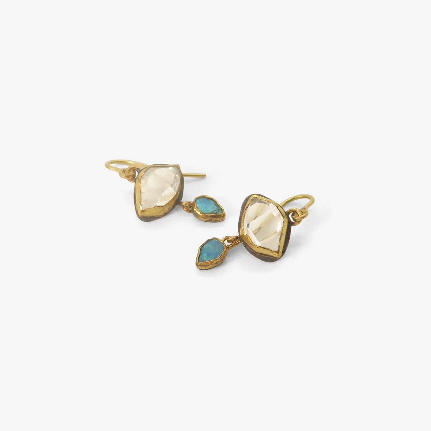 18k & silver bezel-set herkimer diamond earrings with opal drops