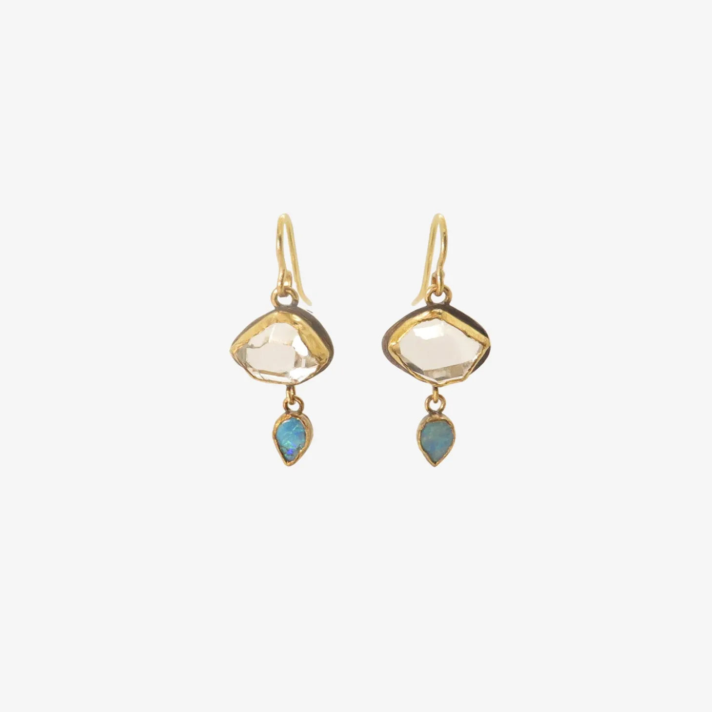 18k & silver bezel-set herkimer diamond earrings with opal drops