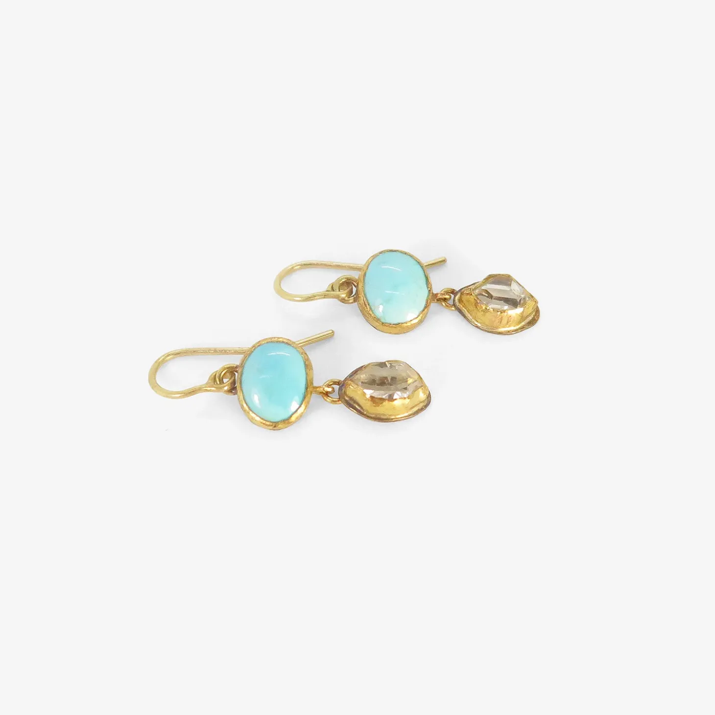 18k & silver herkimer diamond & persian turquoise double drop earrings