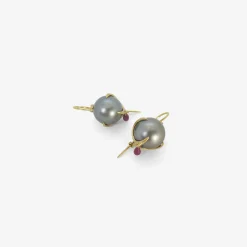 18k & tahitian pearl claw earrings with ruby briolettes