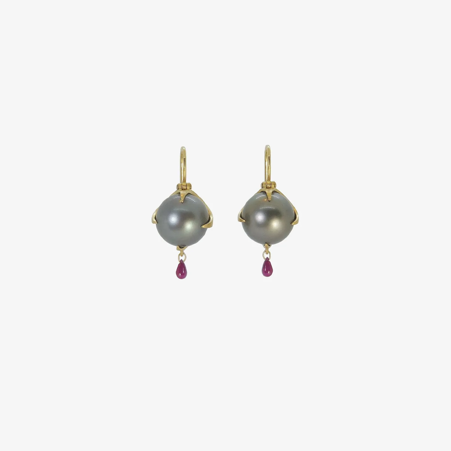 18k & tahitian pearl claw earrings with ruby briolettes