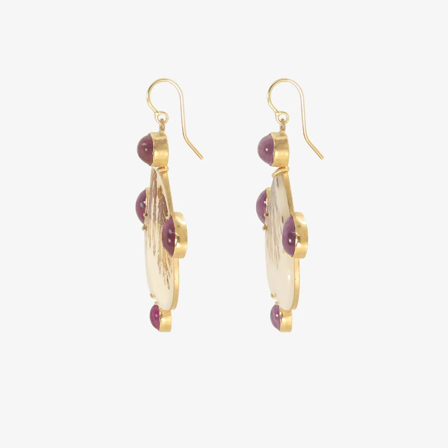 18k & upside-down heart-shaped dendritic agate earrings with amethyst and garnet