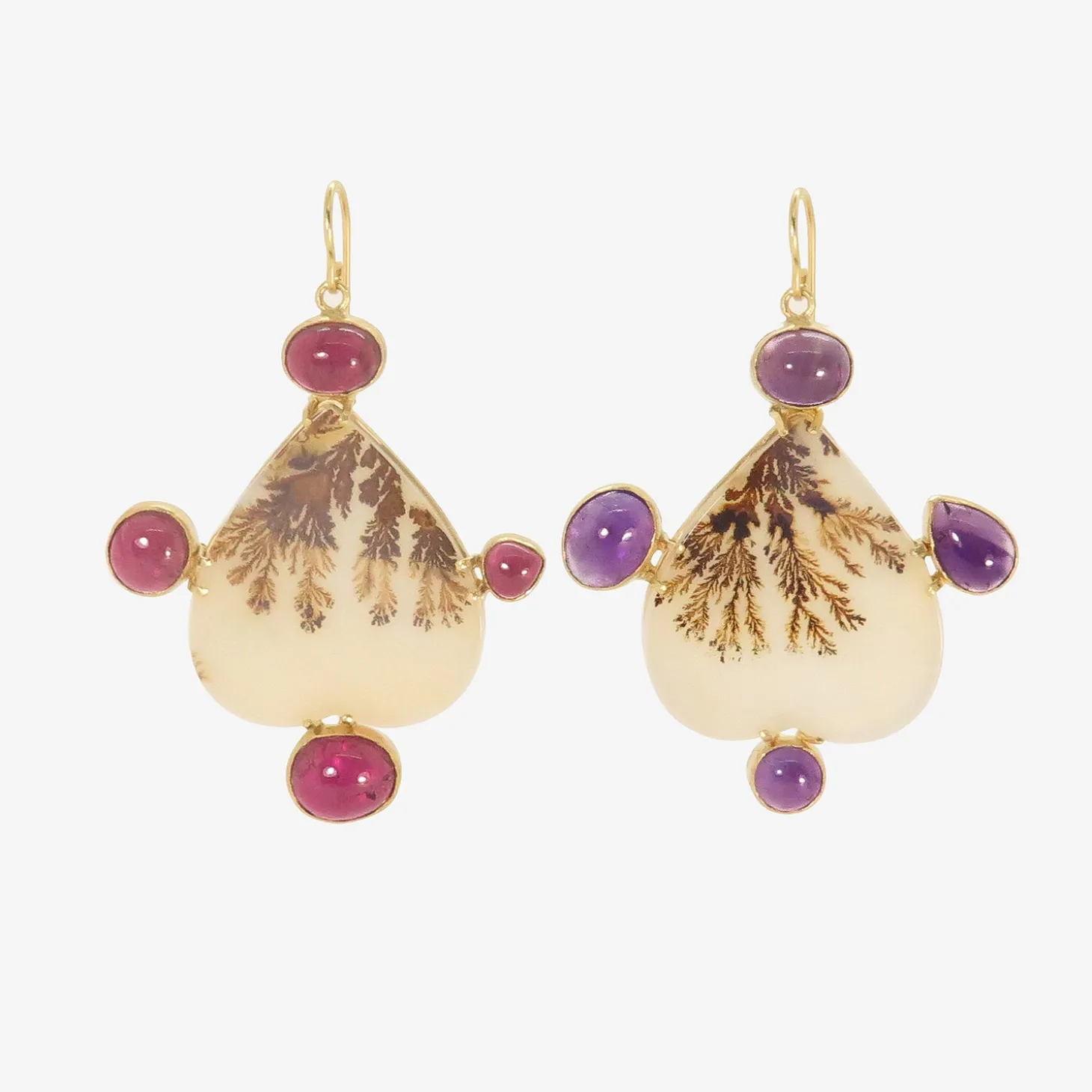 18k & upside-down heart-shaped dendritic agate earrings with amethyst and garnet