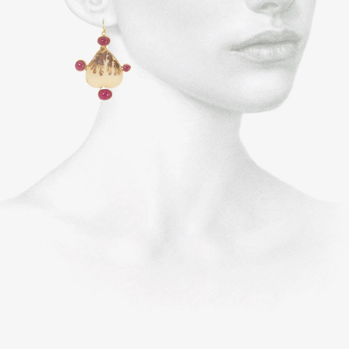 18k & upside-down heart-shaped dendritic agate earrings with amethyst and garnet